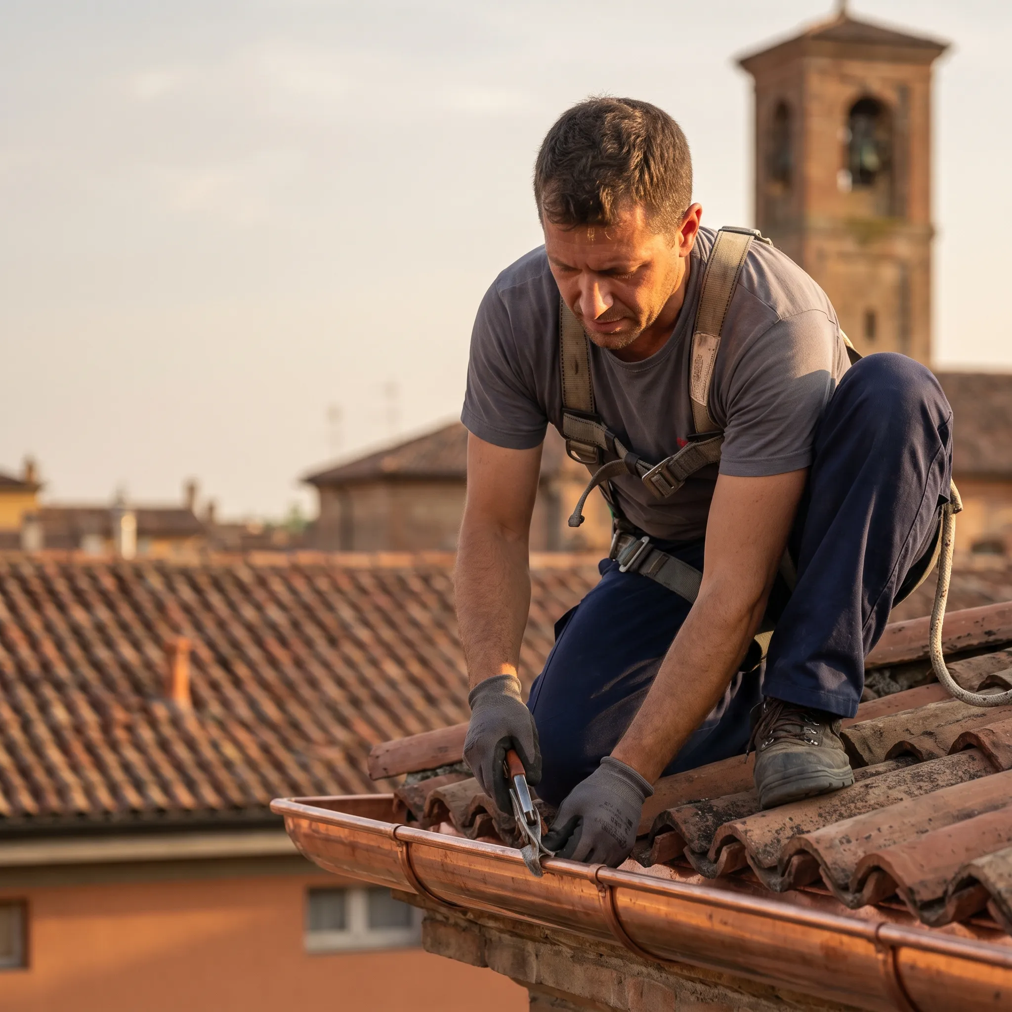 Lattoniere assicurato con imbracatura, al lavoro sul canale di gronda in rame di un tetto in coppi, con i tetti di Bologna e un campanile in laterizio sullo sfondo.