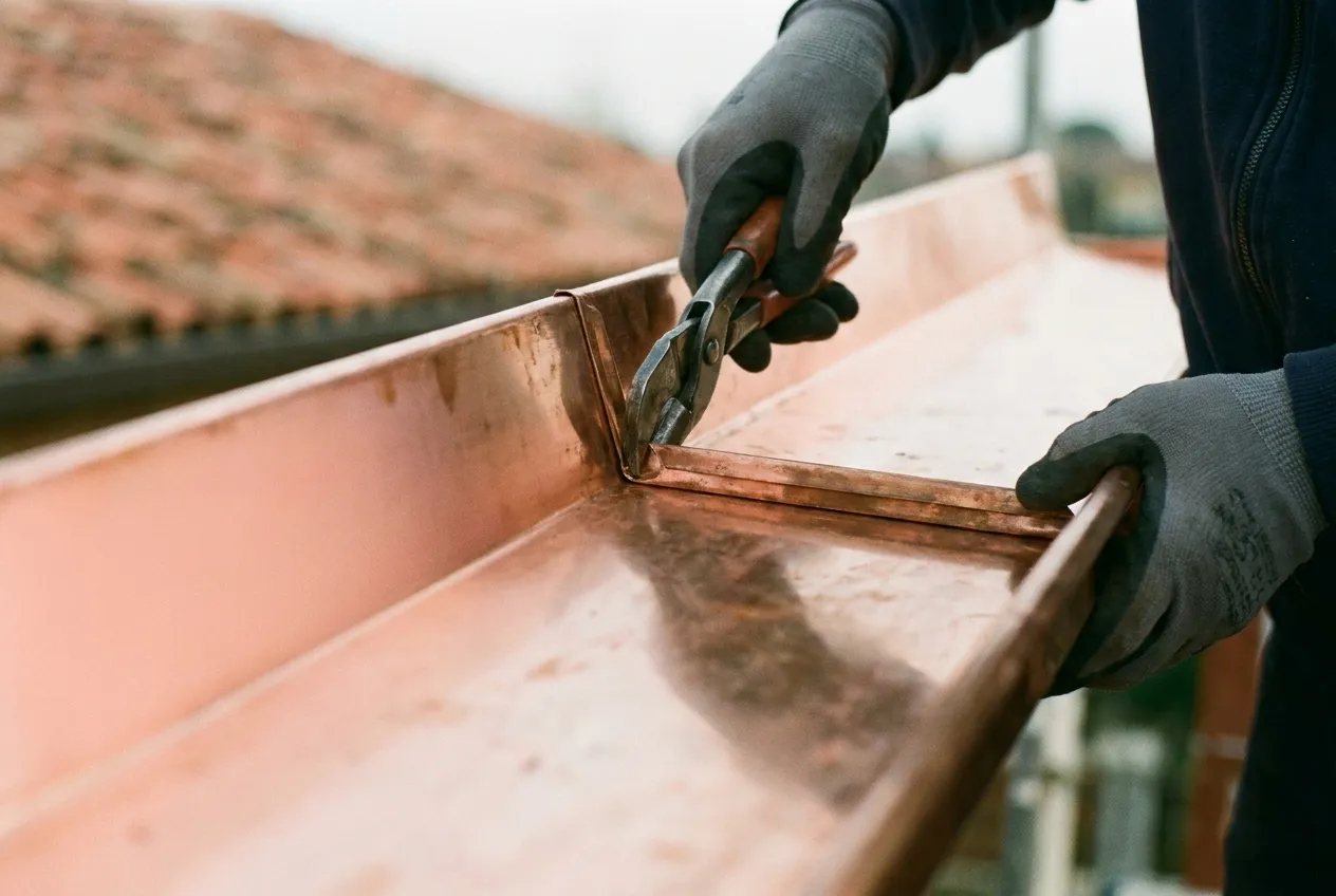 Mani guantate che chiudono con la pinza un'aggraffatura lungo un elemento di gronda in rame, con la prima patina già visibile.